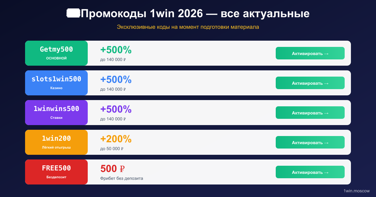 Промокоды 1win 2026: Getmy500 +500% до 140 000 ₽, slots1win500, 1winwins500, 1win200
