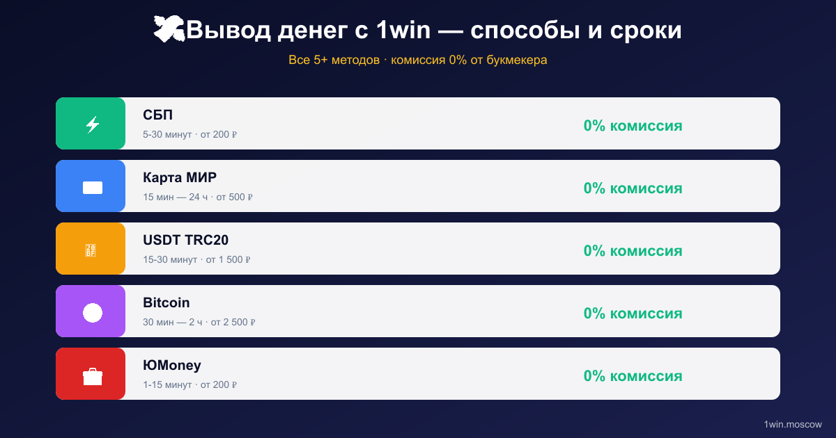 Способы вывода 1win по отзывам игроков: СБП 5-30 минут, карта МИР, USDT, Bitcoin